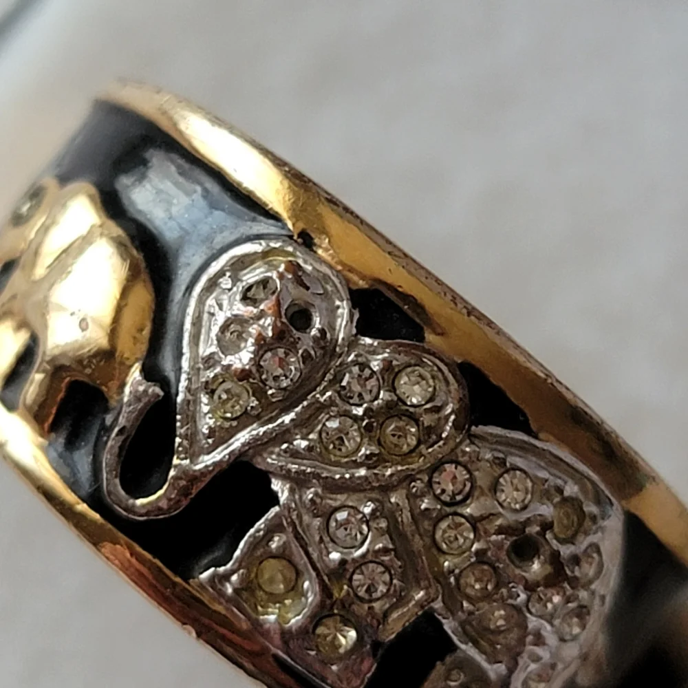 Vintage RINC Elephant Cocktail Ring Mama and Baby | Gold Tone | Black Enamel